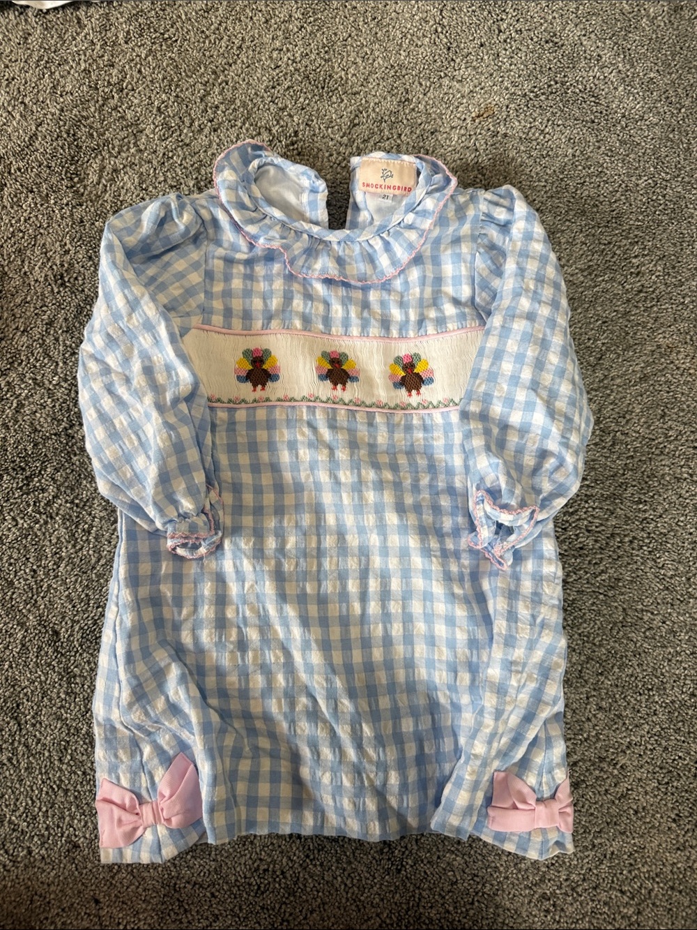 Blue Gingham Smocked Turkey Dress with Pink Bows